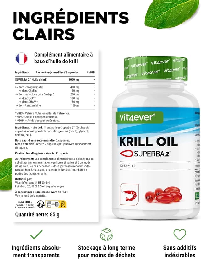 Detalle de Vit4ever Huile de Krill de l’Antarctique (120 capsules) — EPA, DHA, astaxanthine et phospholipides