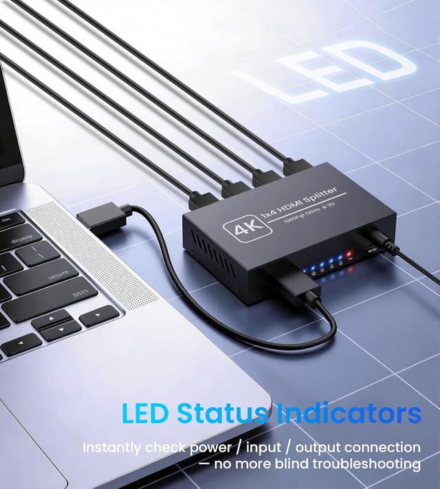 Detalle 2 de NEWCARE HDMI Splitter 1 auf 4 (4K) – HDMI-Verteiler für 4 Bildschirme gleichzeitig (1 Eingang, 4 Ausgänge)