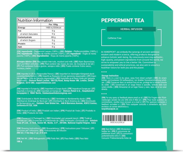 Detalle 2 de HANDPICK Tè alla Menta Piperita in bustine (100) senza glutine e non OGM