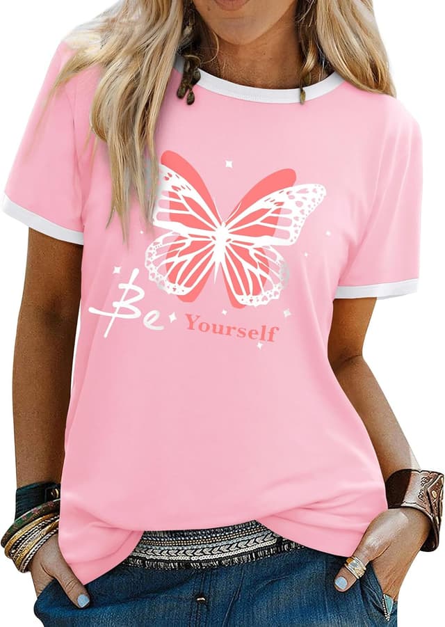 Detalle de WIEIYM women’s butterfly slogan T-shirt (Be Yourself) – soft cotton blend graphic tee