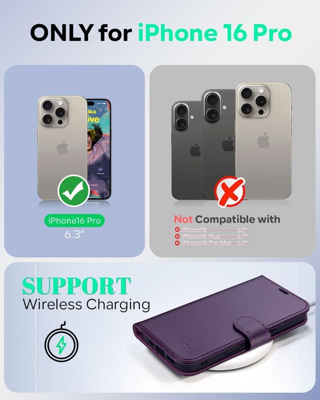 Detalle 2 de OCASE iPhone 16 Pro Hülle mit Kartenfach, Standfunktion & RFID-Schutz (PU-Leder, dunkelviolett)