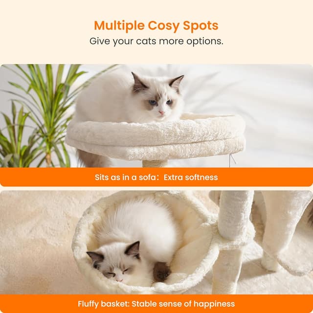 Detalle de Heybly Cat Tree with Self Groomer Brush (108cm) HCT005SM – beige cat tower with scratching post, padded perch & basket