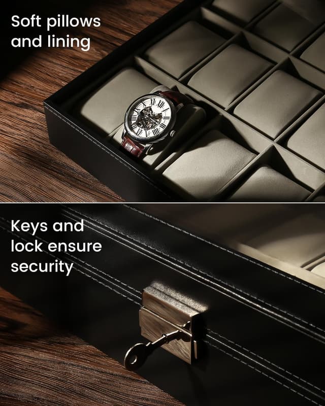 Detalle 2 de Boîte à montres Uten avec clé, coffret de rangement en cuir synthétique noir (24 compartiments)