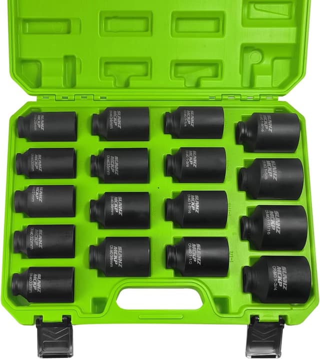 Detalle de SUNHZ MCKP 1/2" Drive Deep Impact Socket Set (17-Piece) for Axle Nuts, CR-MO, SAE + Metric