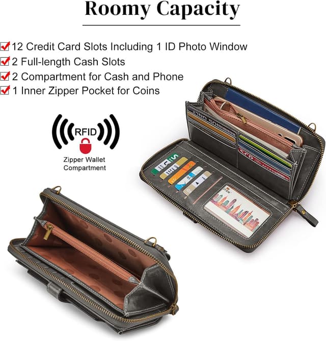 Detalle de S-ZONE Pn21b017 porte-monnaie pour téléphone femme en cuir végétalien avec protection RFID