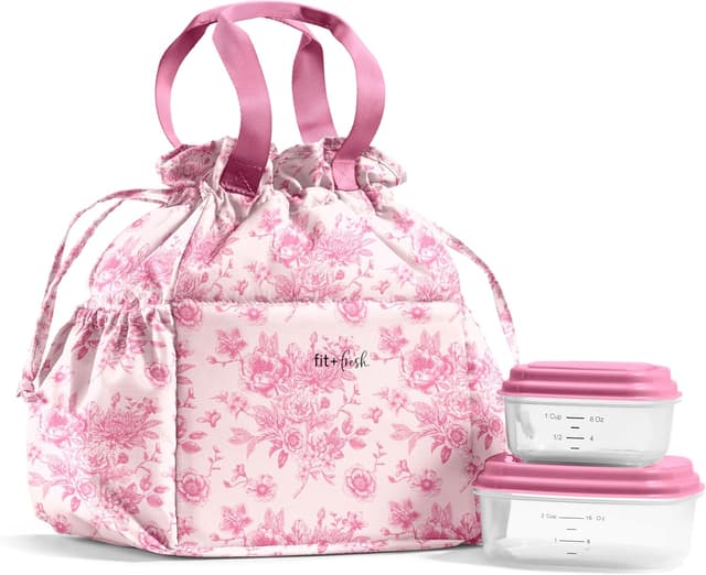 Detalle de Fit & Fresh Cromwell Drawstring Lunch Bag Set for Women (Pink Floral Toile) with 2 Containers