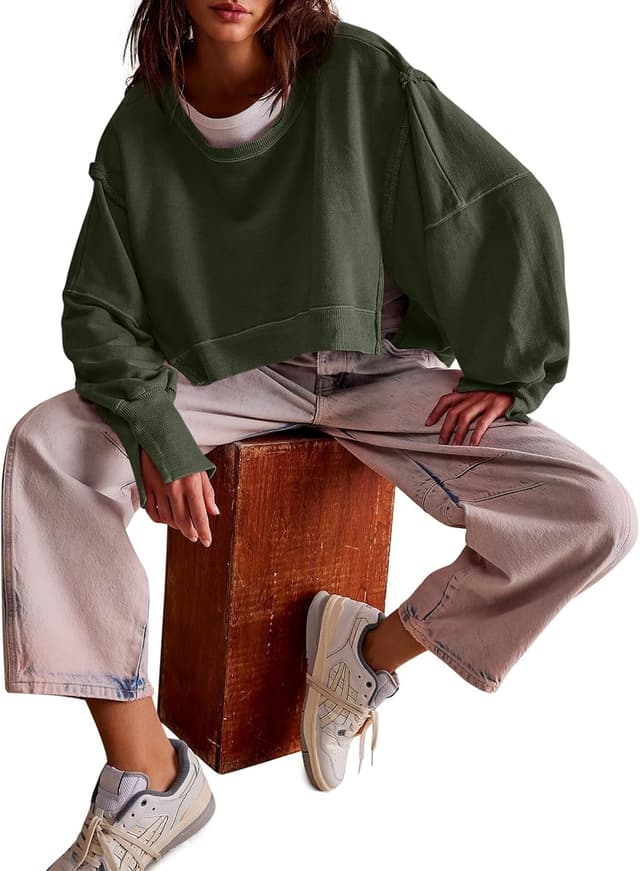 Detalle de Zwurew Women’s Casual Sweatshirt Crewneck Side Slit Crop Pullover (Long Sleeve)