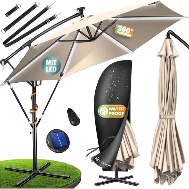 Detalle de KESSER® Alu Ampelschirm LED Solar mit 24 LED, Kurbel, 360°-Funktion und Abdeckung