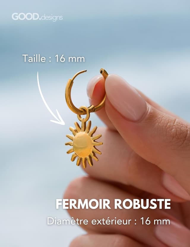 Detalle 2 de Boucles d’oreilles créoles avec pendentif soleil en acier inoxydable 316L (imperméables, 17 mm)