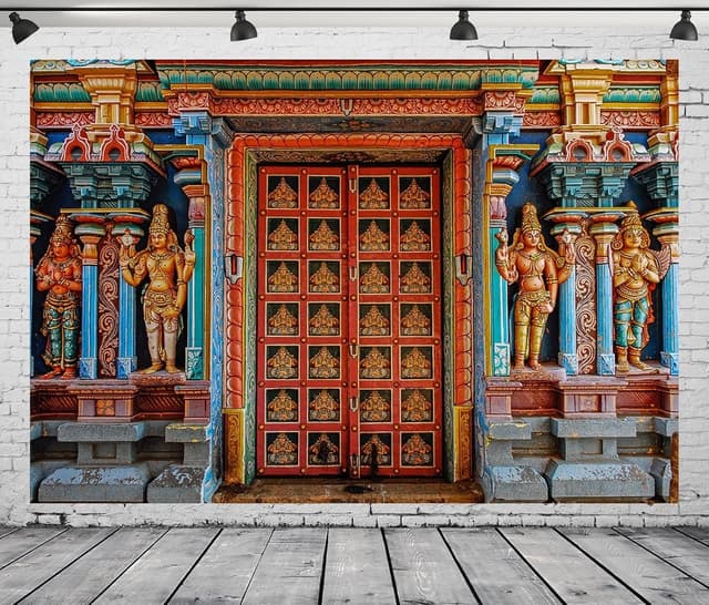 Detalle de CORFOTO 7x5ft colourful India Tanjore temple door backdrop fabric for Indian-themed parties