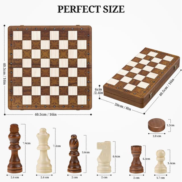 Detalle de Magnetisches 2IN1 Schachspiel (39 x 39 cm), klappbares Holzbrett mit 32 Figuren + 2 Damen