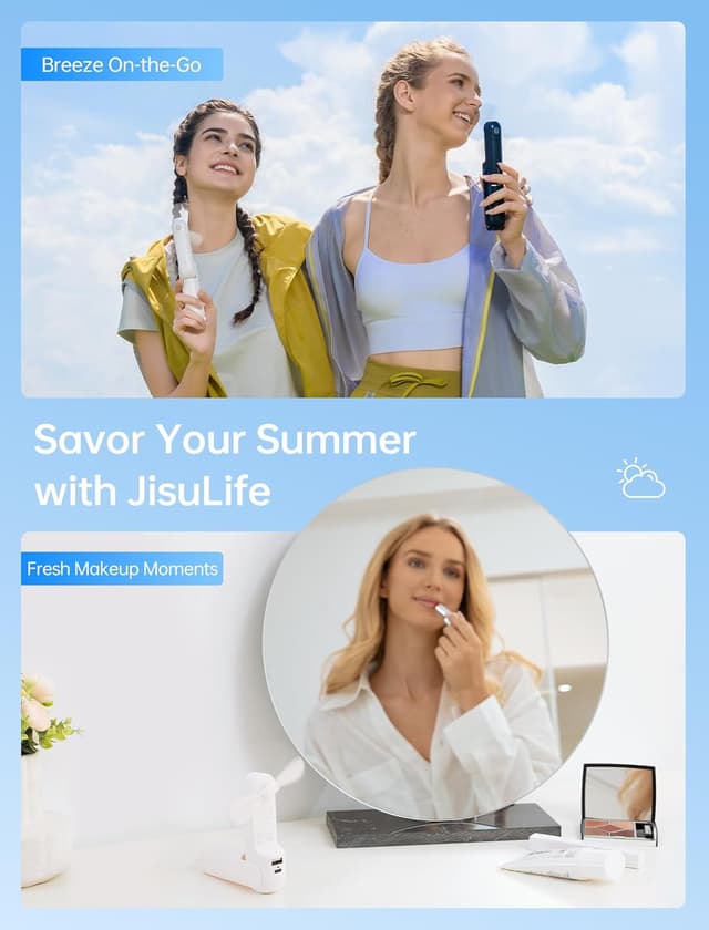 Detalle de JISULIFE Mini Handventilator 3-in-1 (USB, Powerbank & Taschenlampe) – kompakt für Reisen