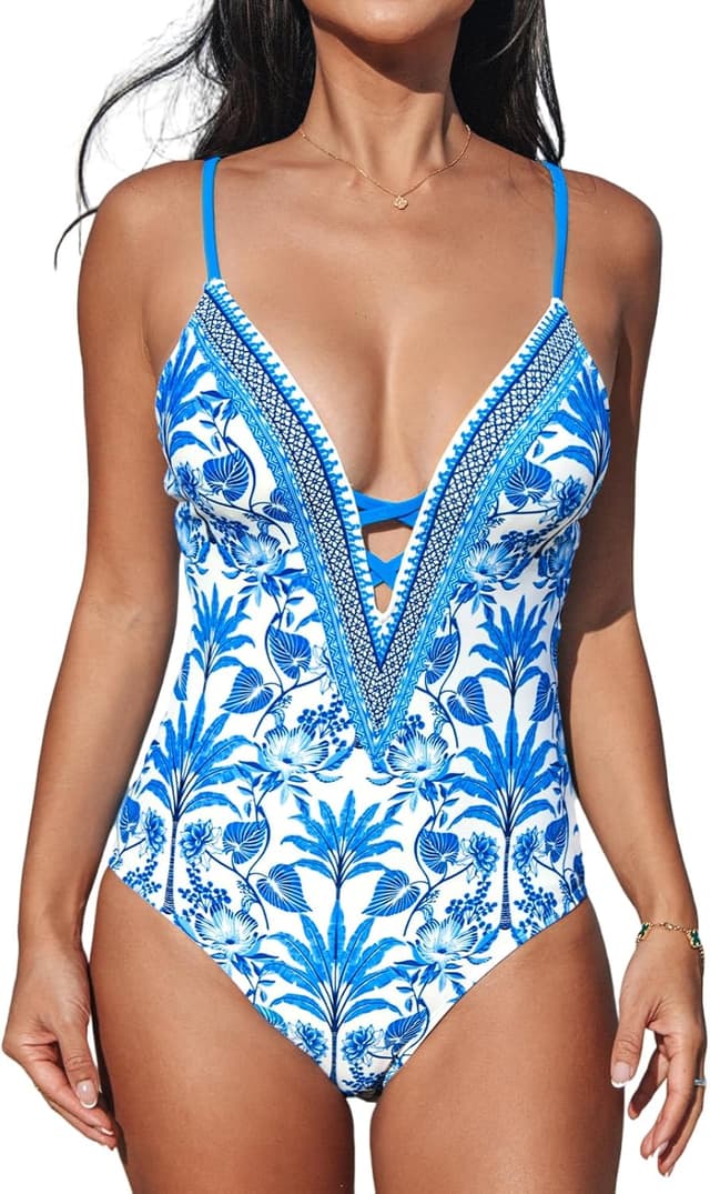 Detalle de CUPSHE Costume da bagno intero donna con scollo a V profondo e ritaglio incrociato sulla schiena