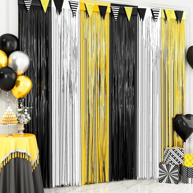 Detalle de Black Foil Fringe Curtain Party Decorations (3 Pack) — Shiny Black Tinsel Backdrop