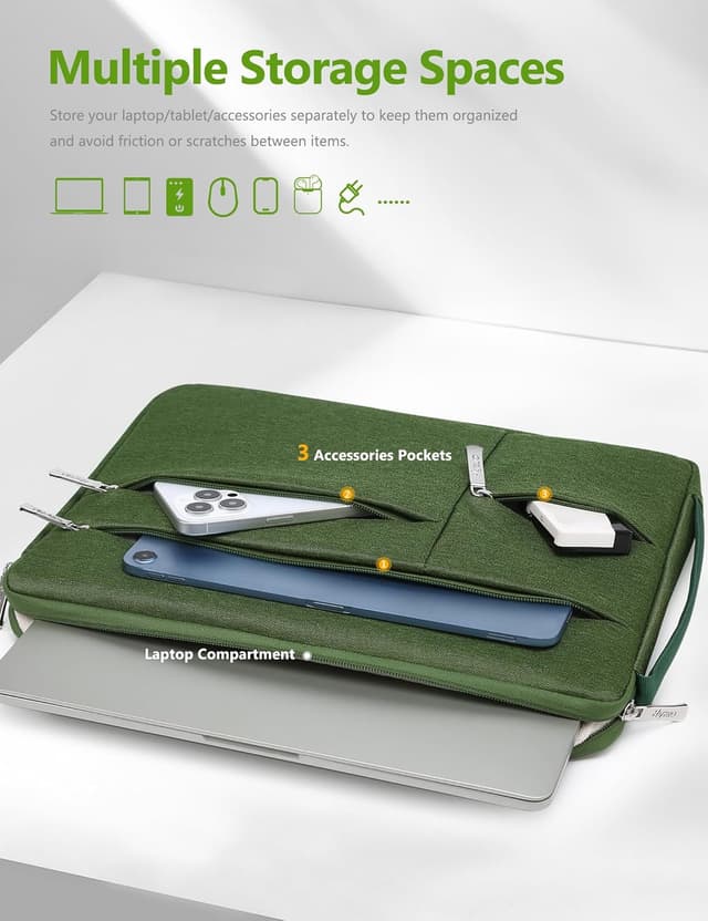 Detalle de HYZUO Laptophülle 17–17,3 Zoll (45 x 34 x 3 cm) mit 3 Fronttaschen, Grasgrün