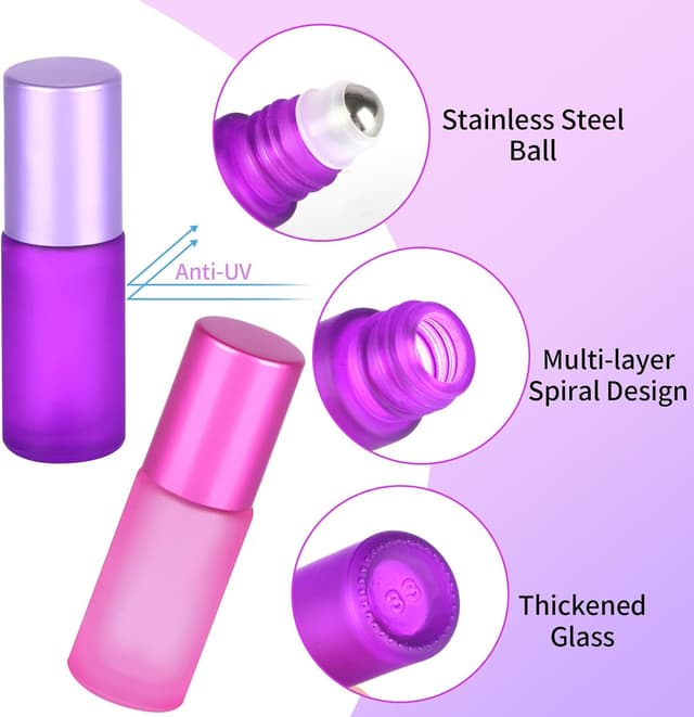 Detalle de Ailvor Roll-on Glasflaschen für Ätherisches Öl (8 Stück), 5 ml mit Edelstahl-Roller und Zubehör
