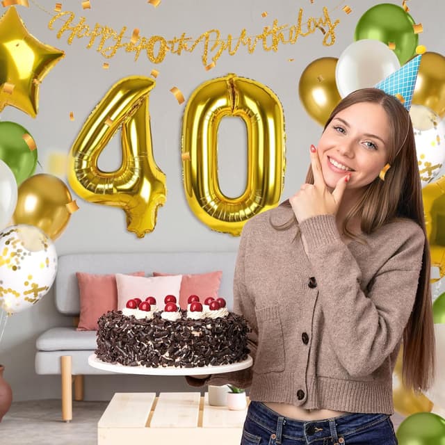 Detalle de Kit déco ballons anniversaire 40 ans MIEWAA : bannière Happy Birthday + ballon chiffre 40 + étoiles foil et ballons latex
