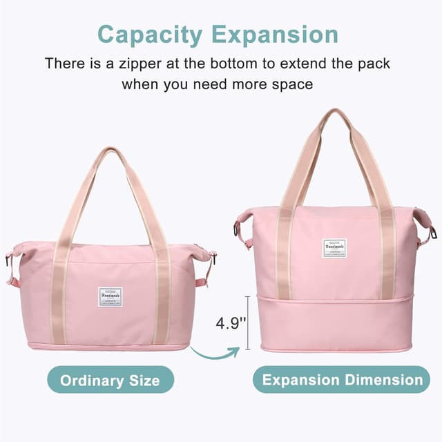 Detalle de DMLuna Travel Duffel Bag Rose Gold – expandable weekender with trolley sleeve and dry/wet pocket