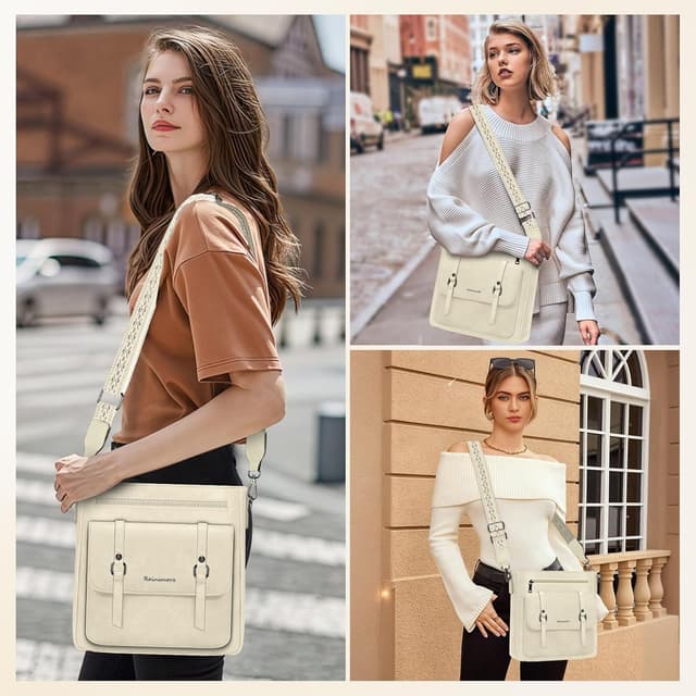 Detalle 2 de RAINSMORE Umhängetasche Damen (mittelgroß) Aprikose – Crossbody-Handtasche mit breitem Schultergurt
