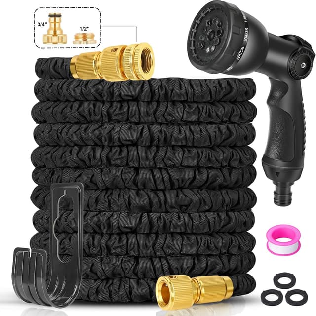 Detalle de Garden Hose Pipe 50FT – 3X Expandable Hose with 10-Mode Spray Gun and Brass Fittings