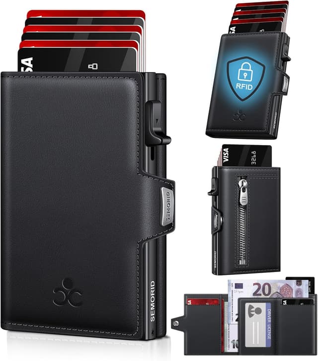 Detalle de Herren-Geldbörse mit Pop-up & RFID-Schutz: Slim Wallet aus 6061-Aluminium (Schwarz)