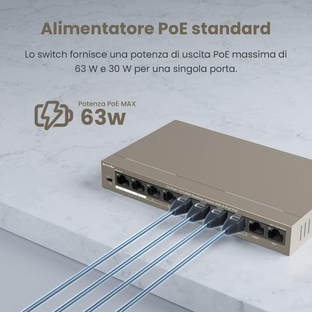 Detalle de TEF1110P-8-63W Tenda PoE switch Ethernet 10 porte 10/100 Mbps con 8 porte PoE e QoS
