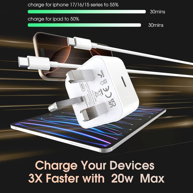 Detalle 2 de 2-Pack 20W USB-C PD Charger with 2m C-to-C Cables for iPhone 17/16/15 & iPad (White)
