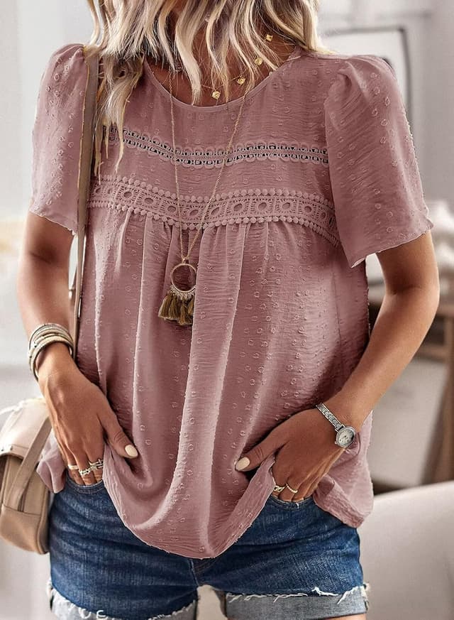 Detalle de TUUHAW Femme chemisier boho en dentelle, manches courtes et col rond