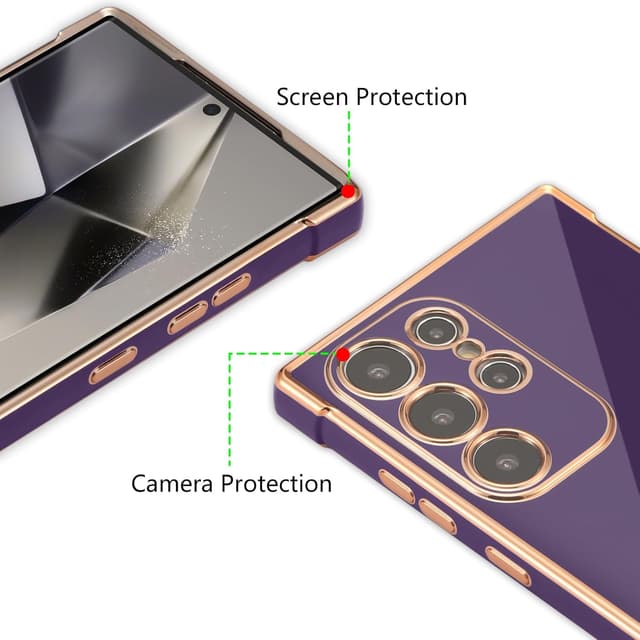 Detalle de ZTOFERA Handyhülle für Samsung Galaxy S24 Ultra 5G (6,8") – Silikon-Bumper mit Herz & goldenem Rand, dunkelviolett