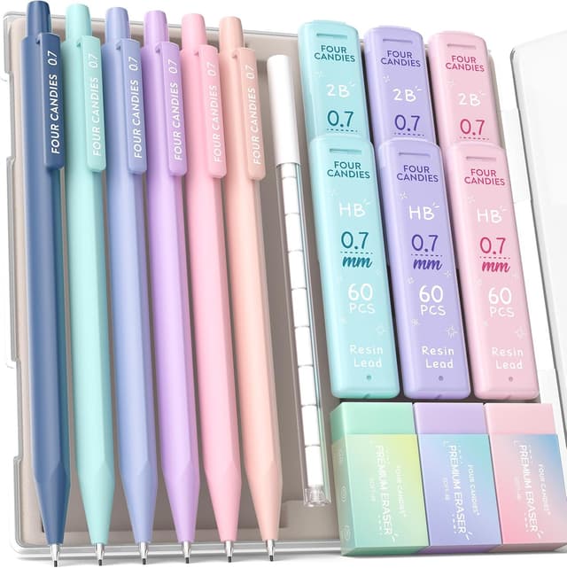 Detalle de Four Candies 0.7mm Mechanical Pencils (HB & 2B) with Pastel Eraser Set – 16-count value pack