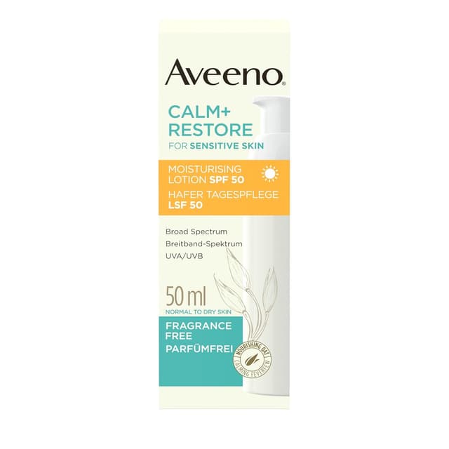 Detalle de Aveeno CALM+RESTORE Hafer Tagespflege LSF 50 (50 ml) – Breitband-Spektrum UVA/UVB, parfümfrei