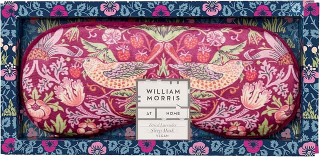 Detalle de William Morris At Home Sleep Mask in Dried Lavender (Strawberry Thief) – black out travel eye mask