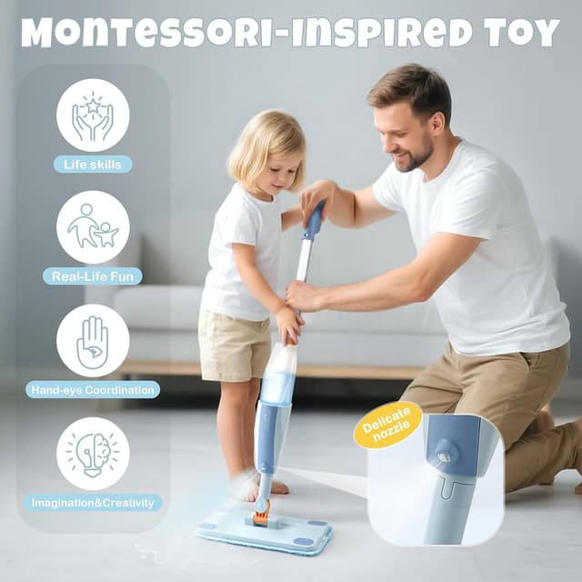Detalle de Dreamon Kids Spray Mop Toddler Cleaning Set (Real Spray Function) with Water Sprayer, 3 Washable Pads & Scraper