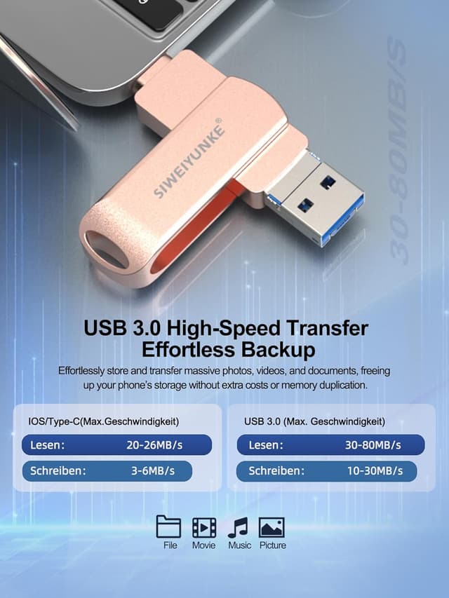 Detalle 2 de USB-Stick 256 GB für Phone „Photostick 3.0“ – 4-in-1 Speicherstick für iOS, Android, Pad & PC, Hellrosa