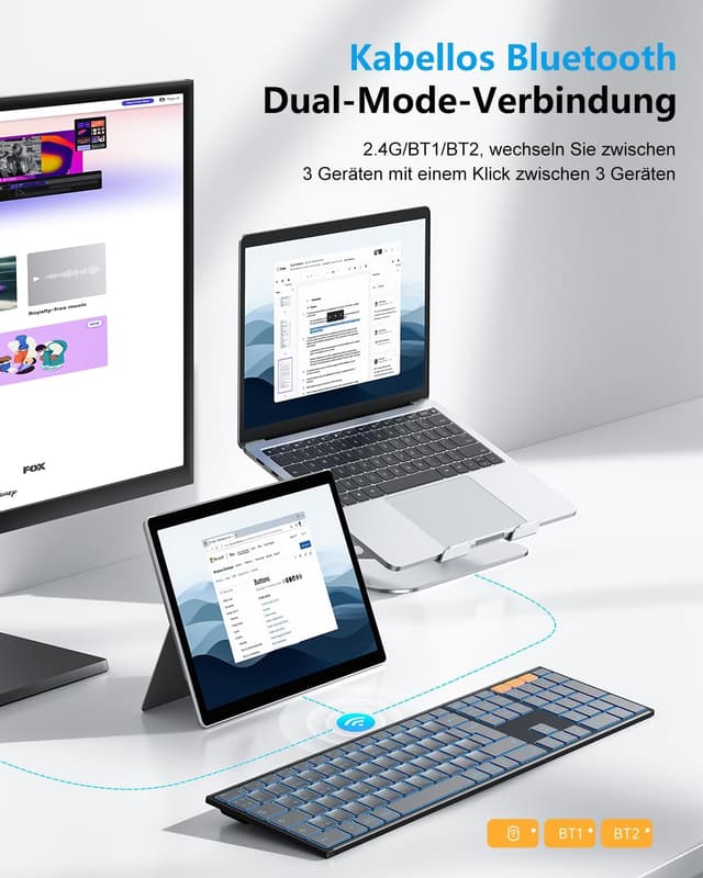 Detalle de OMOTON kabellose Bluetooth-Tastatur mit Metallgehäuse (2,4G + BT), beleuchtet, Multi-Device, deutsches QWERTZ