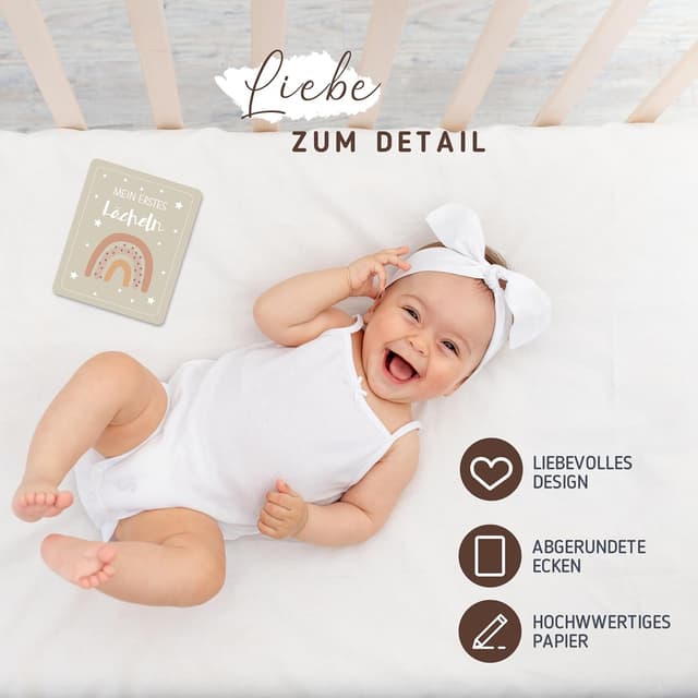 Detalle de BIROYAL 56 Meilensteinkarten für Baby (Monatskarten 1–12 Monate) mit Holzsockel & Metallbox