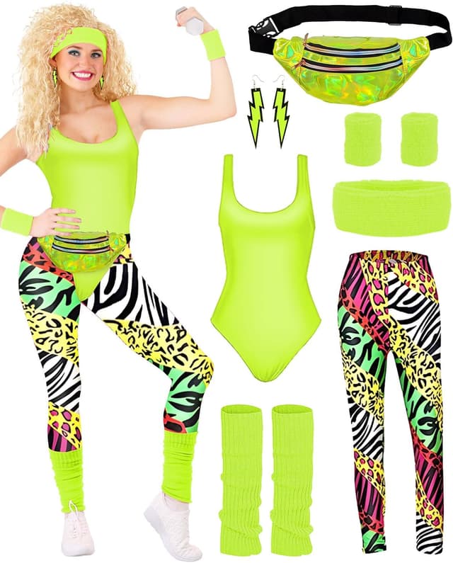 Thumbnail 6 de BIQIQI Damen 80er-Jahre Retro Trainingsanzug-Set mit Trikot, Leggings, Stirnband & Accessoires