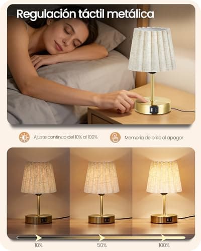 Detalle de GOEBLESON lámpara de mesa táctil ajustable con USB A y Type C (E27), dorado y beige