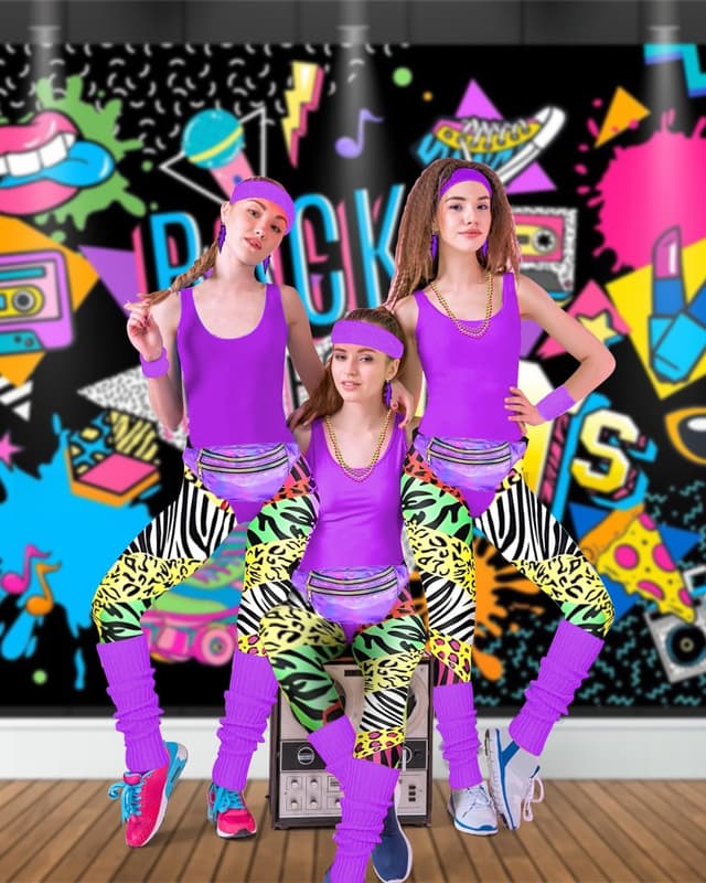 Detalle de BIQIQI 80er Jahre Damen-Set: Retro Trainingsanzug Kostüm mit Trikot, Leggings, Stirnband & mehr