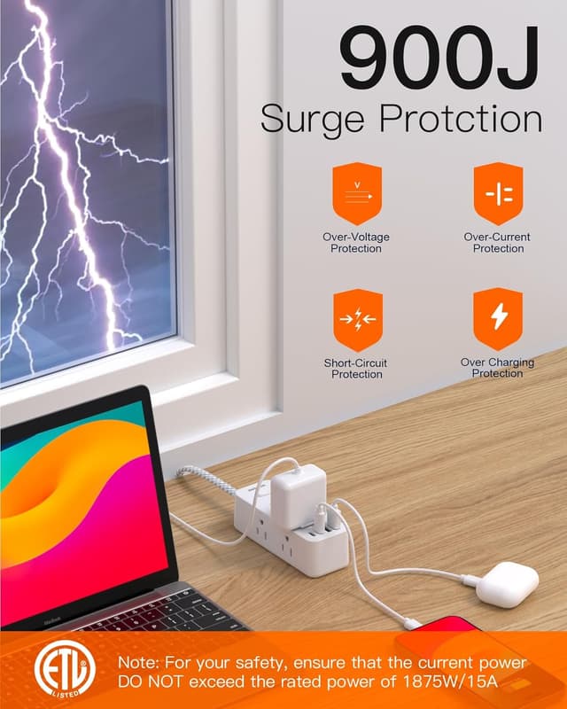 Thumbnail 4 de BESHON Power Strip 5ft 6 Outlets 🔌