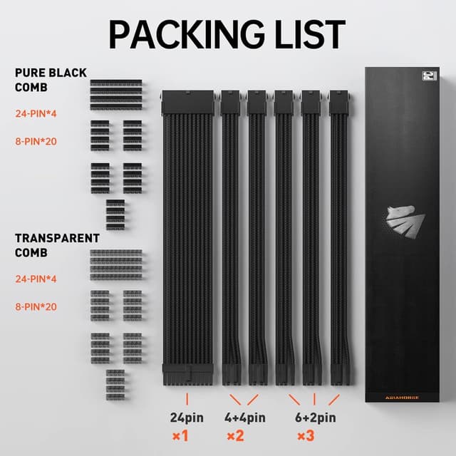 Detalle de AsiaHorse 16AWG PSU-Kabelverlängerungs-Set (Sleeved) für GPU/CPU, 24-Pin ATX / EPS (4+4) / PCIe (6+2), 30 cm, schwarz