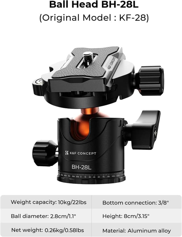 Detalle 2 de K&F Concept K255A4+BH-28L Kamera-Stativ mit 360°-Kugelkopf (Aluminium, bis 10 kg)