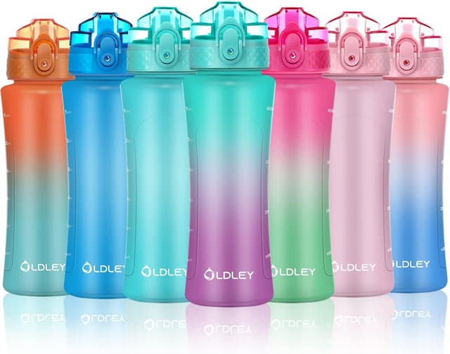Detalle de Oldley 450ml/15oz kids water bottle with straw lid, time markings and one-touch opening (BPA-free, leakproof)