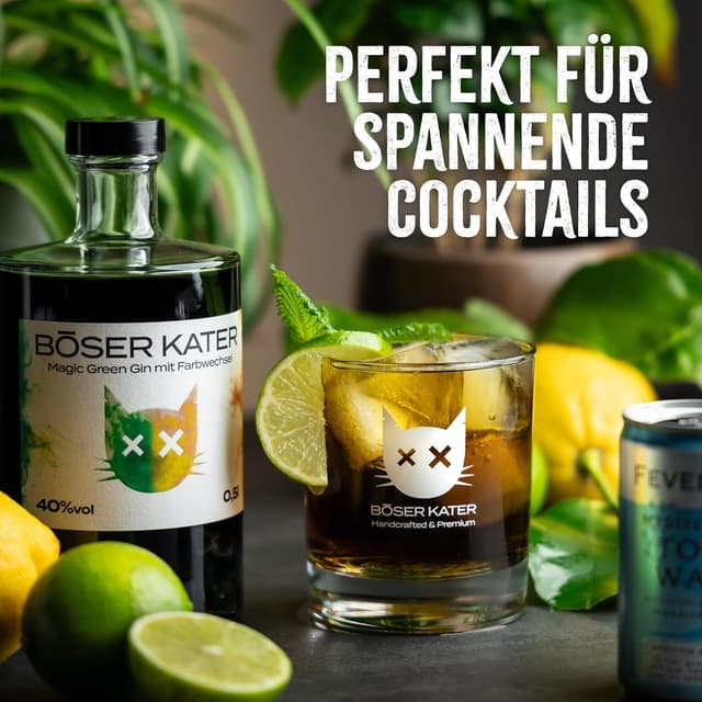 Detalle de BÖSER KATER Magic Green Gin Geschenkset (0,5 l, 40%) mit 2 Gläsern – Farbwechsel von Grün zu Gelb-Orange