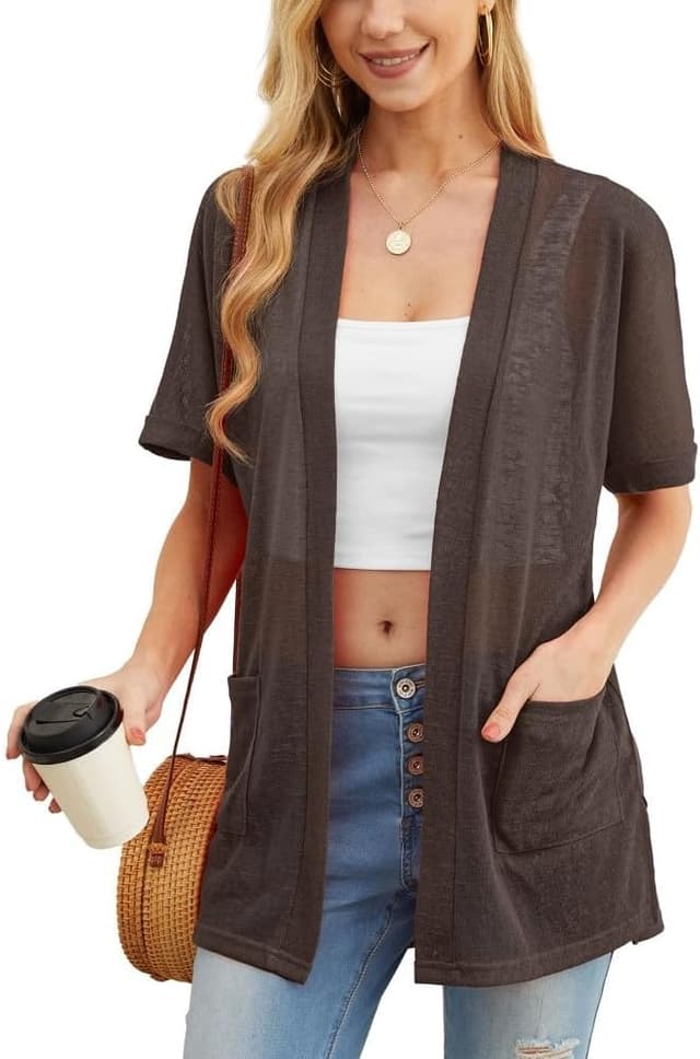 Detalle de PrinStory Women’s Lightweight Open-Front Cardigan with V-Neck and Pockets (Long Sleeve)