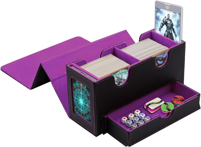Detalle de Tolesum Boîte à cartes double couche MTG avec tiroir pour dés, 2 fenêtres latérales et fermeture magnétique (jusqu’à 300+ cartes) – Violet noir