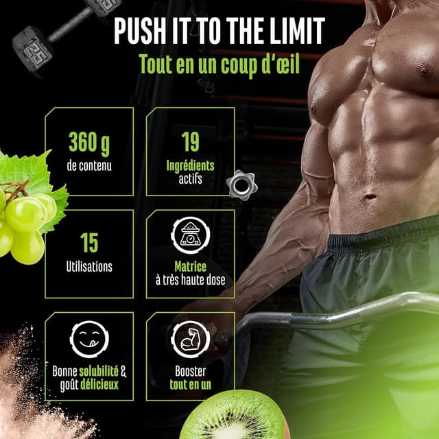 Detalle de GEN German Elite Nutrition Push it to the Limit — Pré-workout avec L-Arginine, Citrulline, caféine et rhodiola (360 g, kiwi raisin)