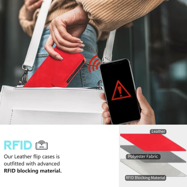 Detalle de GOTOURED Handyhülle für iPhone 13 mit Klappverschluss, RFID-Blockierung, Kartenfächern, Handgelenksgurt und Ständer (Rot)