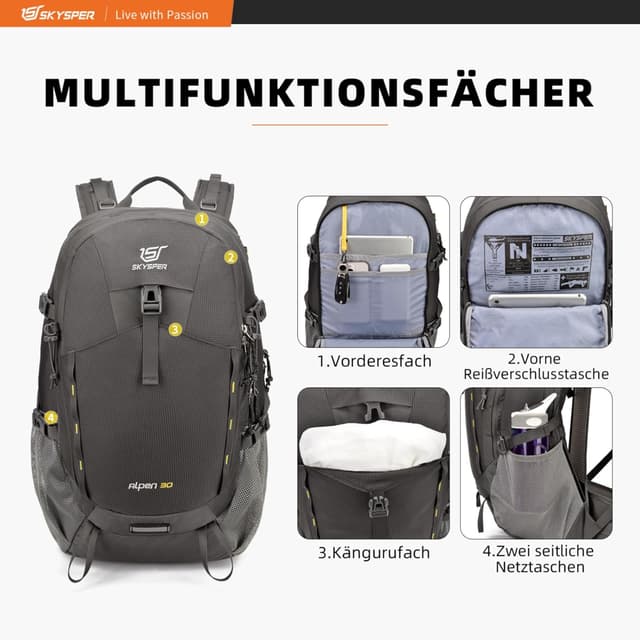Detalle 2 de SKYSPER Wanderrucksack 30L – Trekkingrucksack wasserfest mit Rückenbelüftung, Hüftgurt und Netzrücken