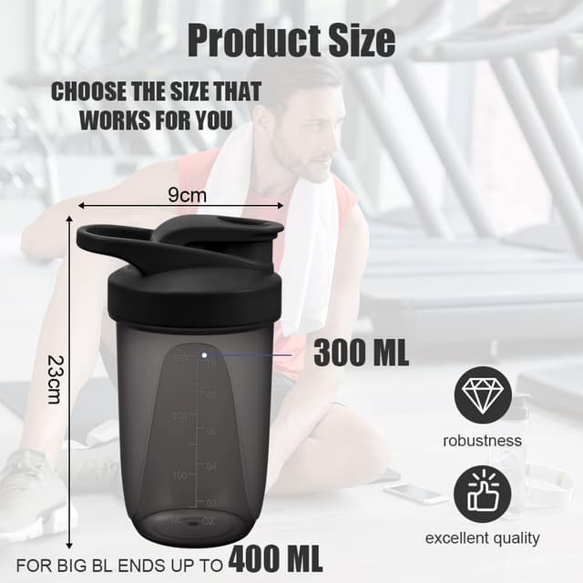 Detalle de Protein Shaker (2er-Set, 400 ml) mit Mixball und Messskala – BPA-frei, auslaufsicher, schwarz+weiß